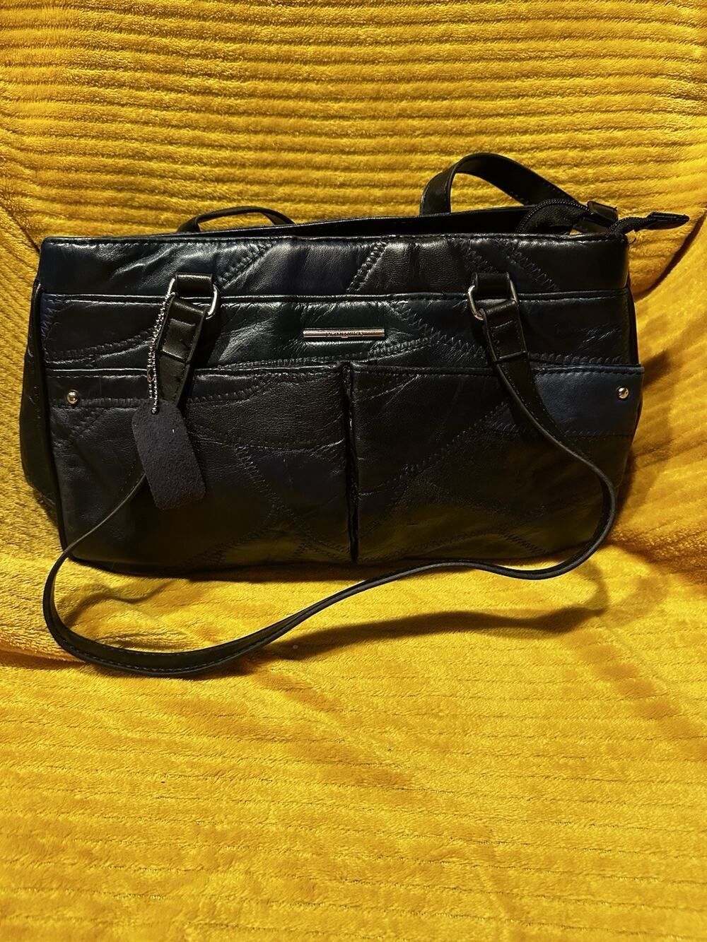 Jaclyn Smith Vintage Y2K Navy Blue Patchwork Genuine Leather Shoulder Bag Luxury